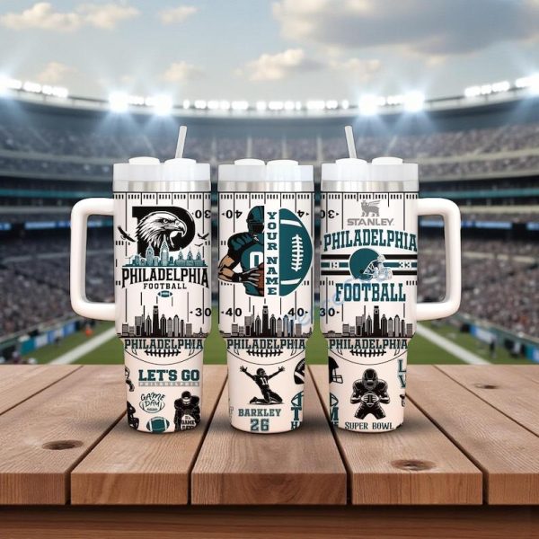 Personalized Football 40oz Stainless Tumbler With Handle, Printed Philadelphia Mug