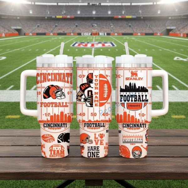 Custom Name Cincinnati 40oz Stainless Tumbler With Handle, Printed Football Game Day Mug