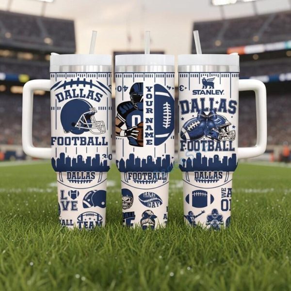 Custom Name Dallas Football 40oz Stainless Tumbler With Handle, Printed Football Game Day Mug